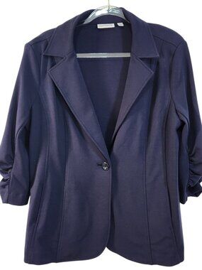 Susan Graver Soho Ponte Boyfriend Style Jacket Ruched Sleeves Size Medium Blue
